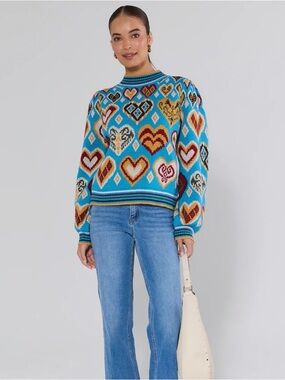 Womens Blue Heart Print Crewneck Sweater